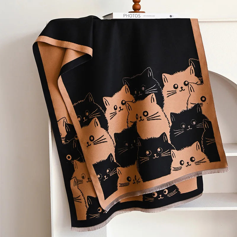 Cute Cat Ladies’ Scarf – Soft Polyester Autumn & Winter Wrap | 65×180cm Cozy Kawaii Cat Print Shawl