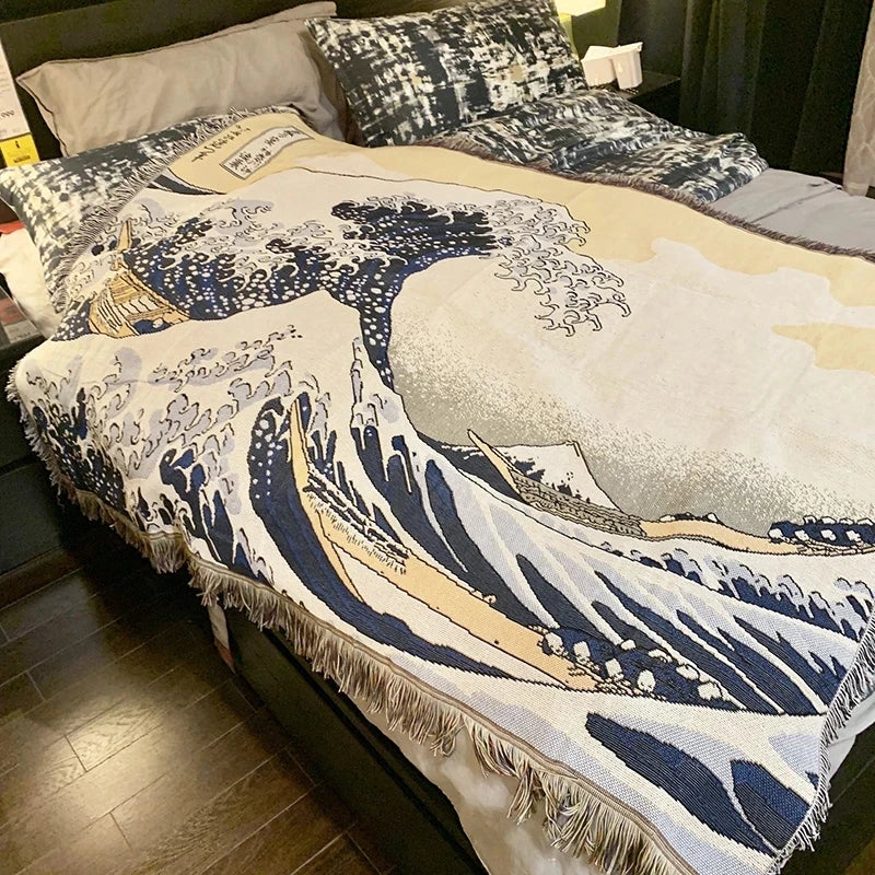 Japanese Wave Throw Blanket with Tassels – Perfect Accent for Sofa or Bed