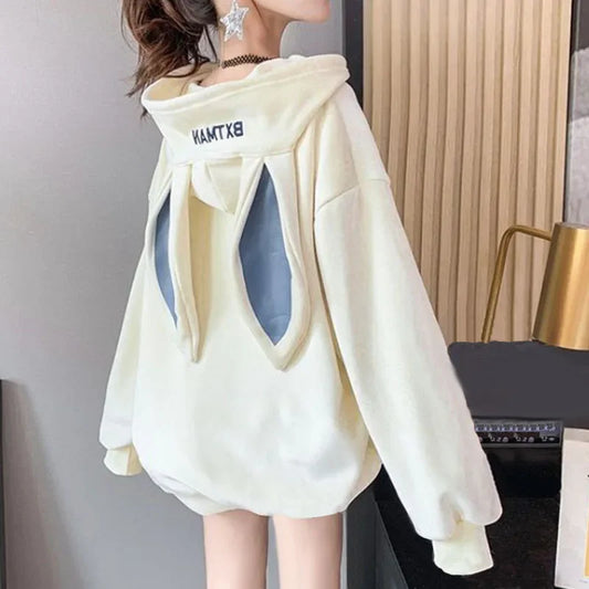 Women’s Harajuku hoodie with rabbit ears on hood, kawaii pullover, anime fashion
