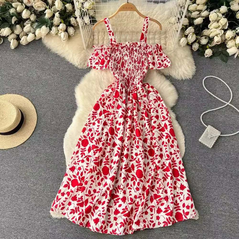 Floral Print Long Summer Dress for Women – Off-Shoulder Straps, Lightweight Maxi Dress, Beach, Garden Party, Summer Outfit