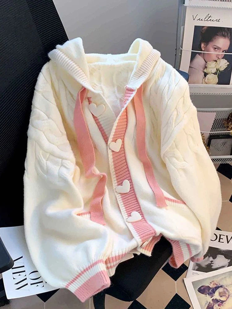 Kawaii Hooded Cardigan for Women – Japanese Cute Sweet Hoodie Sweater with Heart Buttons | One Size