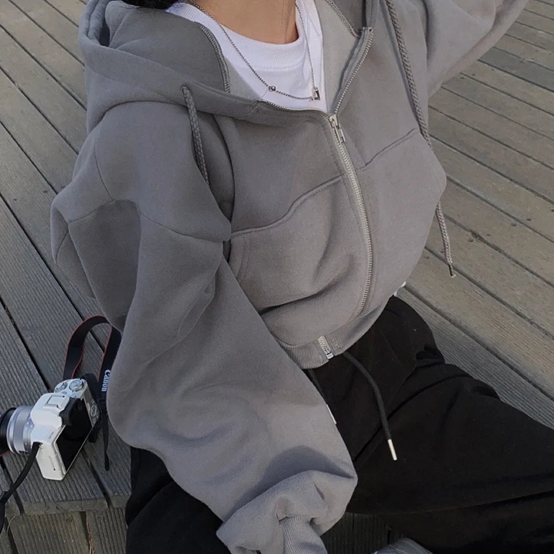 Casual Women’s Y2K Hoodie – Oversized Zip-Up Crop Sweatshirt | Harajuku Long Sleeve Loose Jacket