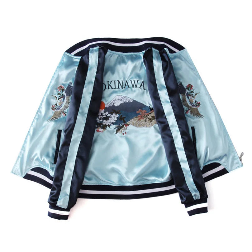 Double-Sided Satin Sukajan Bomber Jacket for Women – Pink & Light Blue Embroidered Baseball Coat