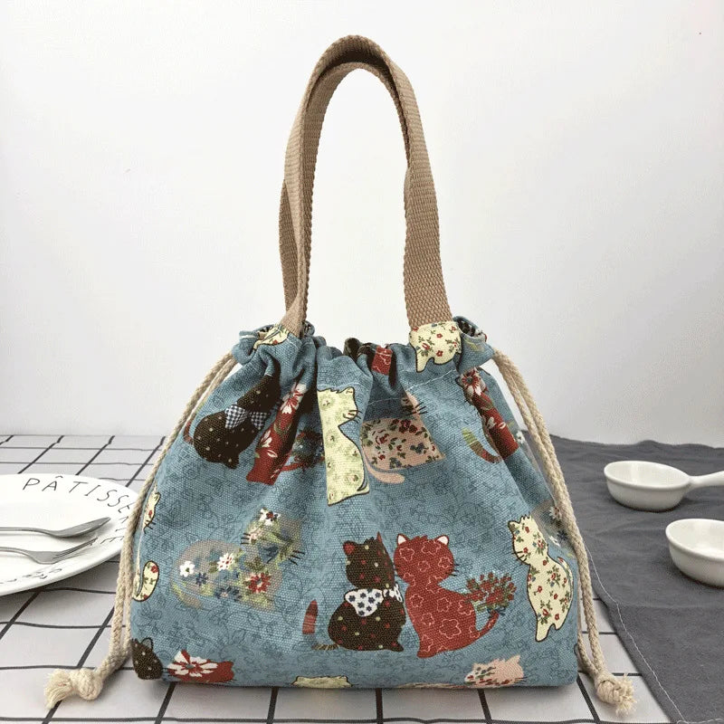 Japanese Cute Bento Bag Tote – Canvas Drawstring Lunch Bag with Multiple Designs | Reusable Eco-Friendly Lunch Tote for Kids & Adults