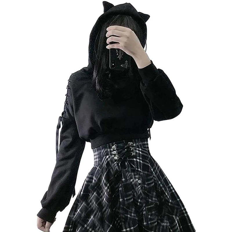 Front view of Y2K Gothic Cat-Ear Crop Hoodie for women