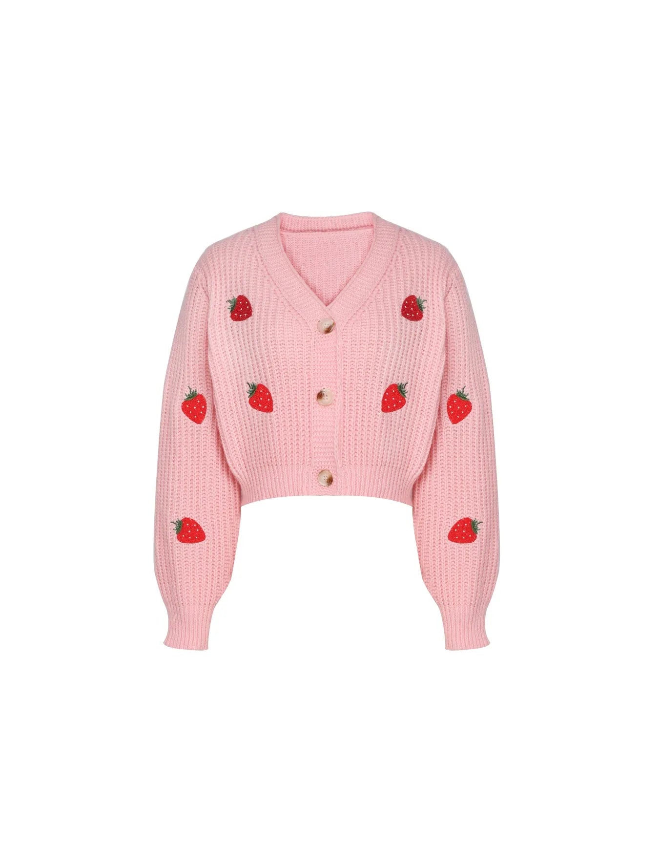 Women’s Pink Strawberry Embroidered Knit Cardigan – Slim Fit Long Sleeve Button Front Sweater for Casual Outfits and Layering