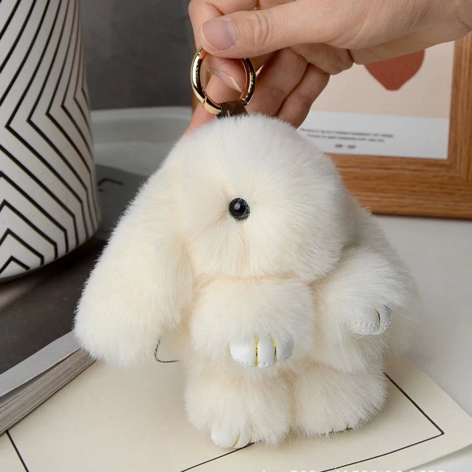 Fluffy rabbit fur pompon bunny keychain