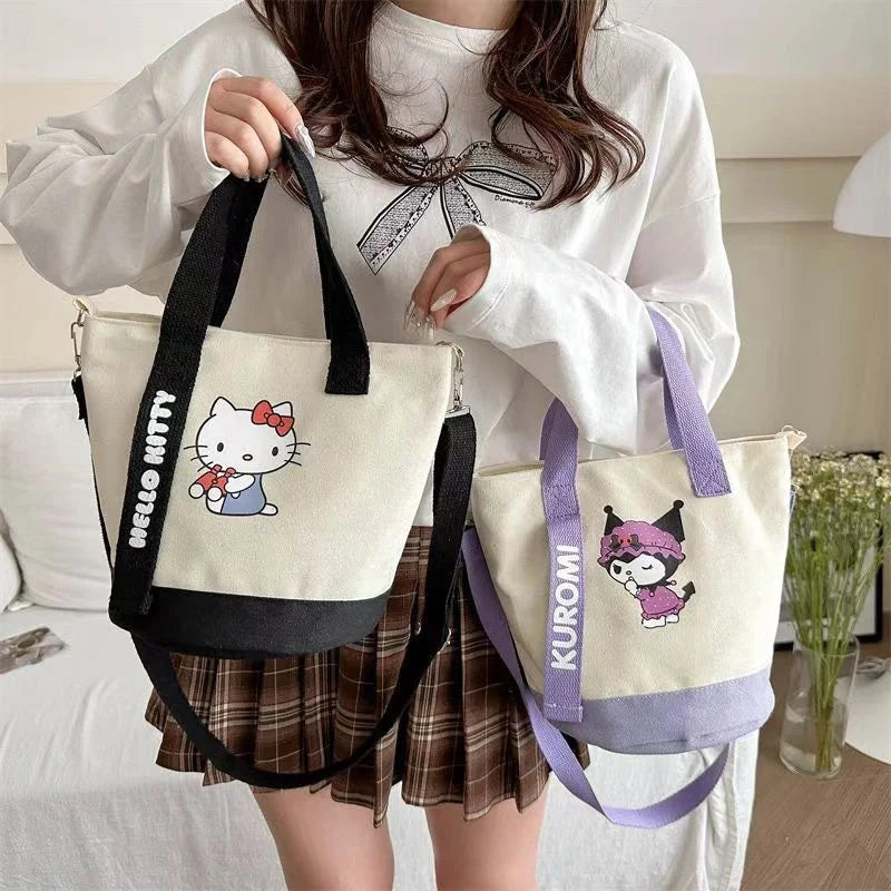 Sanrio Hello Kitty & Kuromi Canvas Shoulder Bag – Kawaii Anime Print Lightweight Crossbody Purse for Girls & Teens