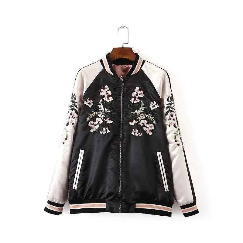 Women's Satin Sukajan Bomber Jacket – Double-Sided Embroidered Japanese Floral Harajuku Coat, Autumn Silk Baseball Jacket for Girls