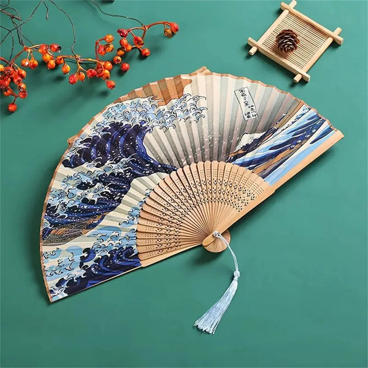 Japanese Style Vintage Wave Portable Folding Fan – Pocket Size, Perfect for Weddings, Parties & Dance Performances