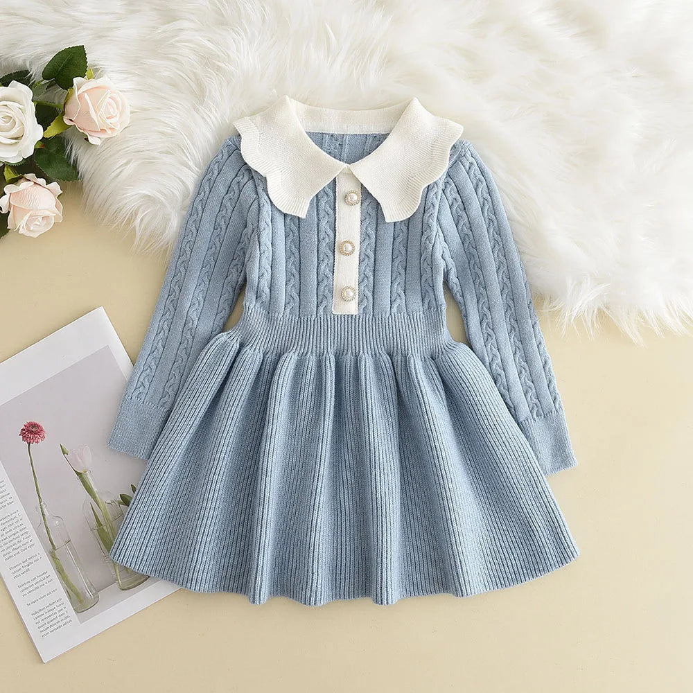 Girls Winter Knit Sweater Dress (3T–7T) – Long Sleeve Ruffle Princess Outfit | Matching Sister Dresses