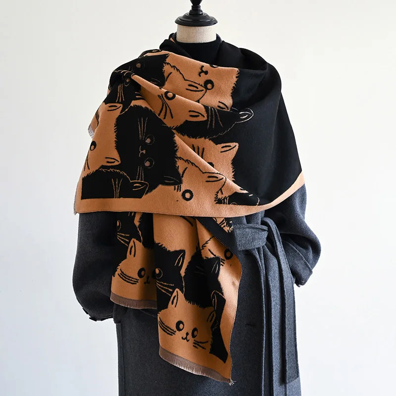 Soft polyester scarf with cat print in autumn colors