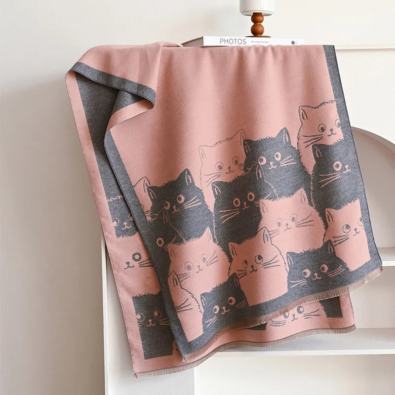 Cute Cat Ladies’ Scarf – Soft Polyester Autumn & Winter Wrap | 65×180cm Cozy Kawaii Cat Print Shawl