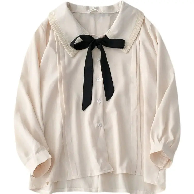 Japanese collared bow blouse for women with ribbon tie center neck