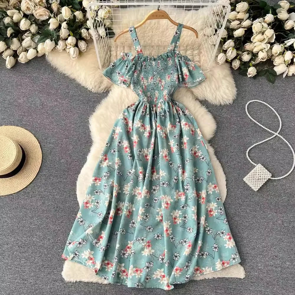 Floral Print Long Summer Dress for Women – Off-Shoulder Straps, Lightweight Maxi Dress, Beach, Garden Party, Summer Outfit