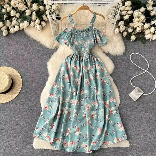 Floral Print Long Summer Dress for Women – Off-Shoulder Straps, Lightweight Maxi Dress, Beach, Garden Party, Summer Outfit