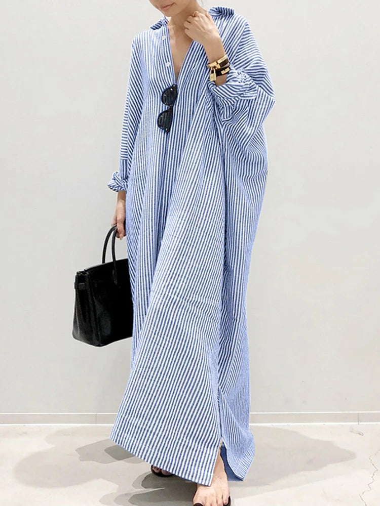 Boho Stripe Print Long Sleeve Sundress | Casual Loose Lapel Dress