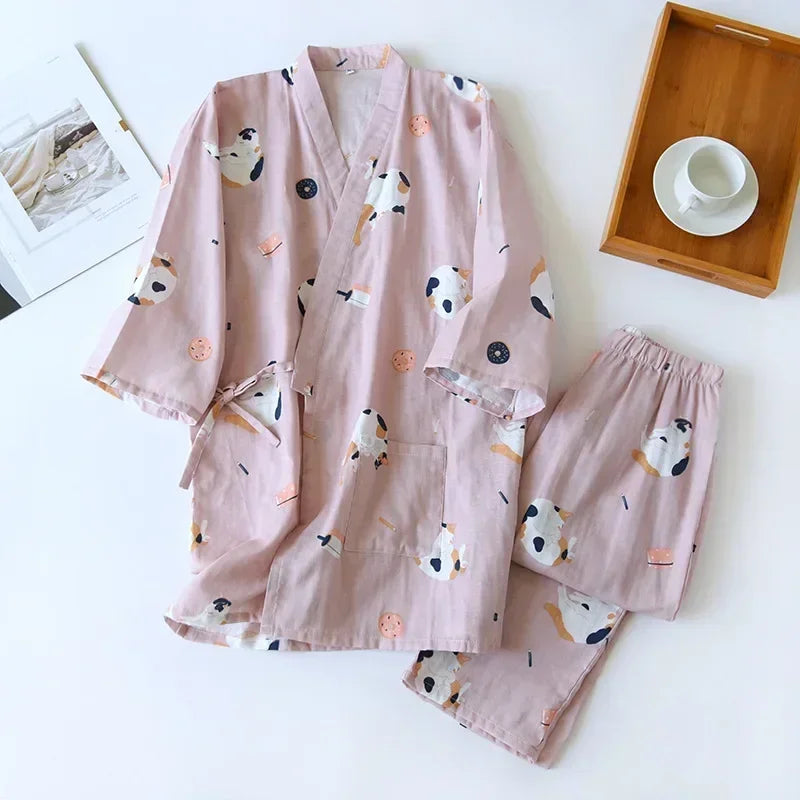 Women’s Japanese Kimono Pajama Set – 100% Cotton Cat Print Sleepwear (Spring & Autumn)