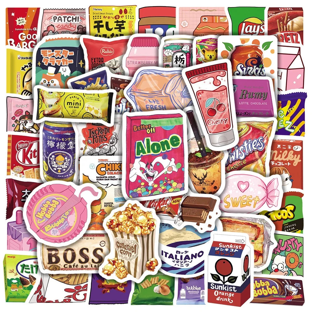 50-piece kawaii cartoon snack food waterproof sticker pack