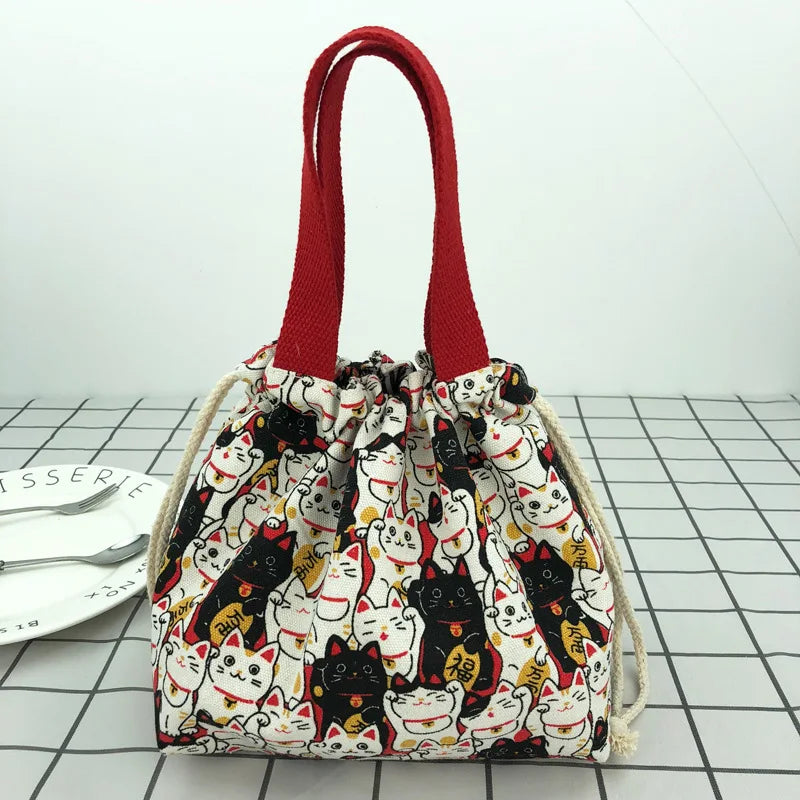 Japanese Cute Bento Bag Tote – Canvas Drawstring Lunch Bag with Multiple Designs | Reusable Eco-Friendly Lunch Tote for Kids & Adults