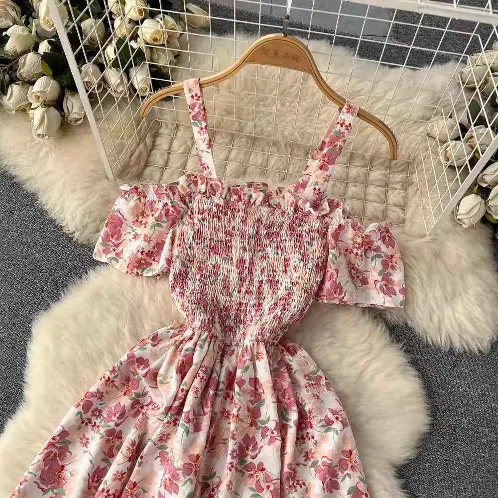 Floral Print Long Summer Dress for Women – Off-Shoulder Straps, Lightweight Maxi Dress, Beach, Garden Party, Summer Outfit