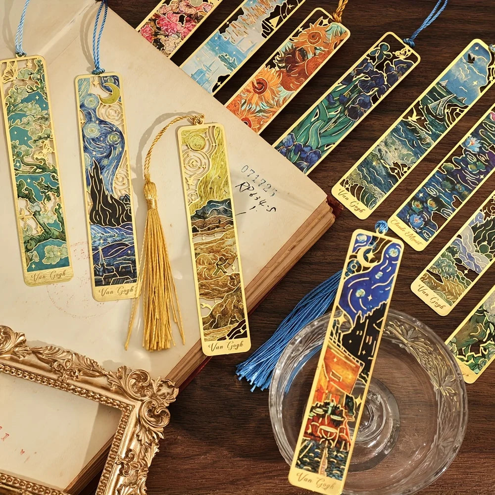 Vintage Oil Painting Metal Bookmarks with Hollow Design & Long Tassel – Perfect Stationery Gift for Book Lovers & Book Clubs