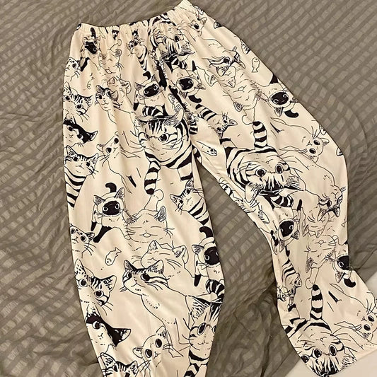 Front view of women’s Cartoon Moe Cat Big Battle pajama pants, kawaii anime print