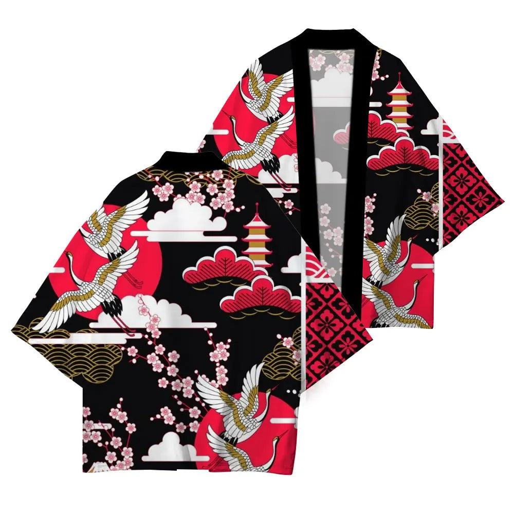 Women’s Japanese crane and cherry blossom kimono cardigan open front floral cover-up