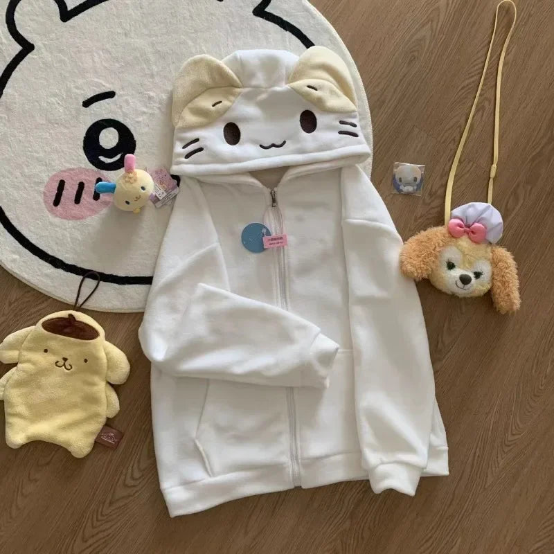 Kawaii Anime Cat Hoodie for Women – Oversized Fleece Pullover with Cat Ears
