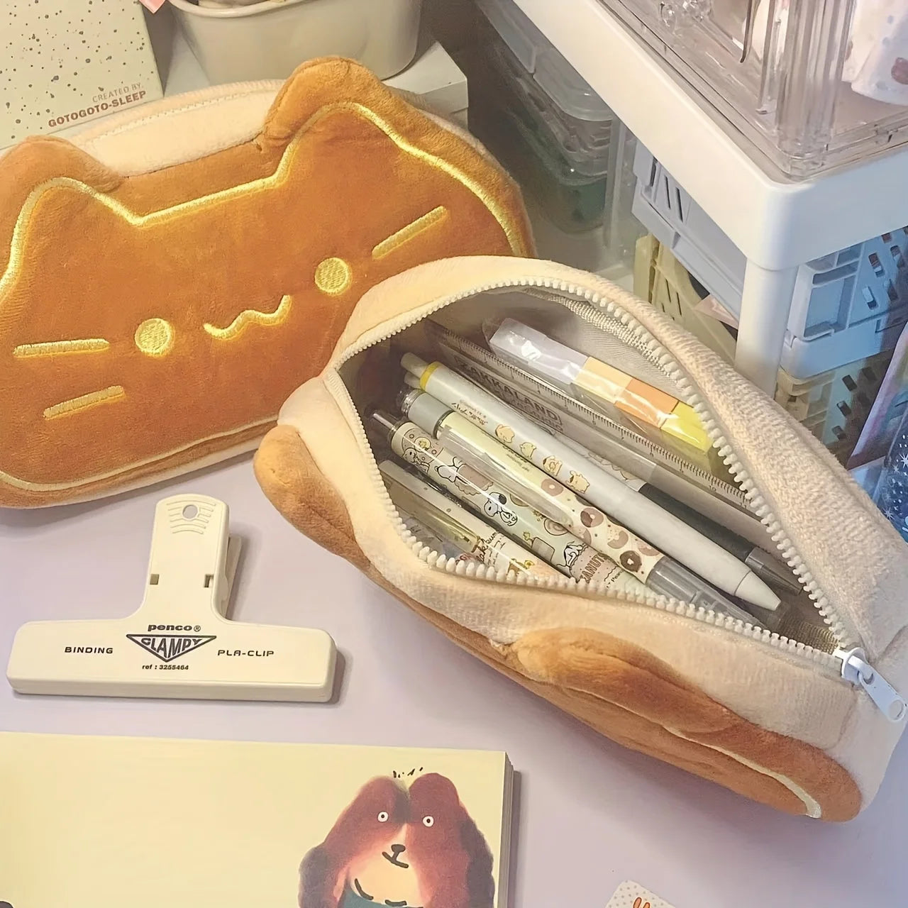 Caramel Cat Plush Pen Case – Large Capacity Pencil Pouch for Kids & Students