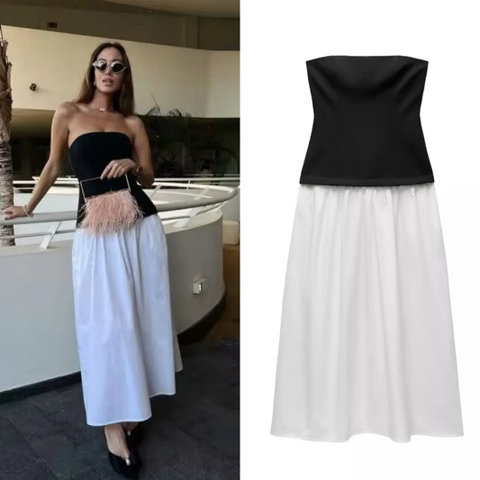 Women’s strapless party dress with color contrast patchwork, lightweight polyester fabric, perfect for spring and evening occasions.

