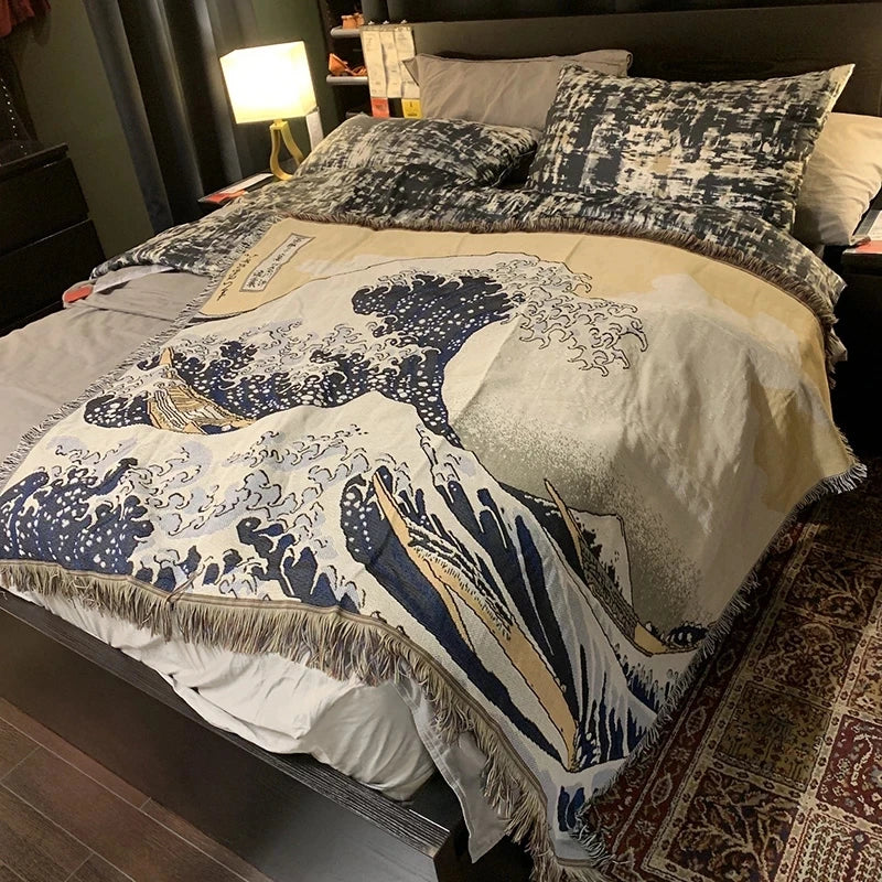 Japanese Wave Throw Blanket with Tassels – Perfect Accent for Sofa or Bed