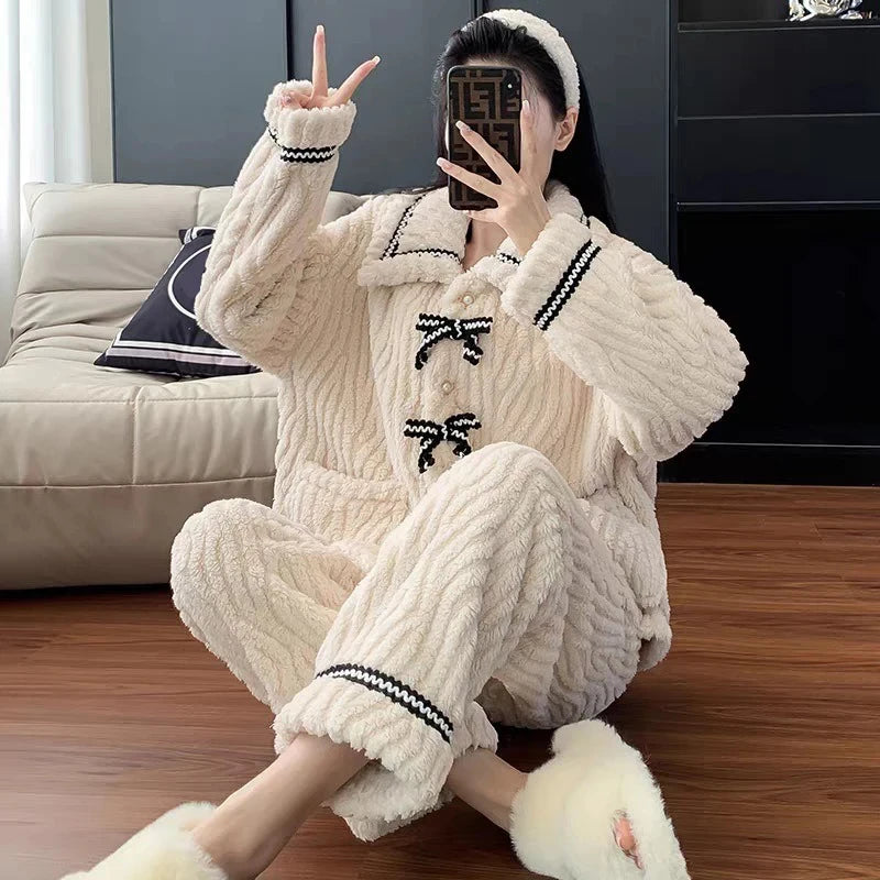Women’s Fluffy Pajama Set (2pcs) – Super Cute Mokomoko Loungewear with Ribbon Chest Detail