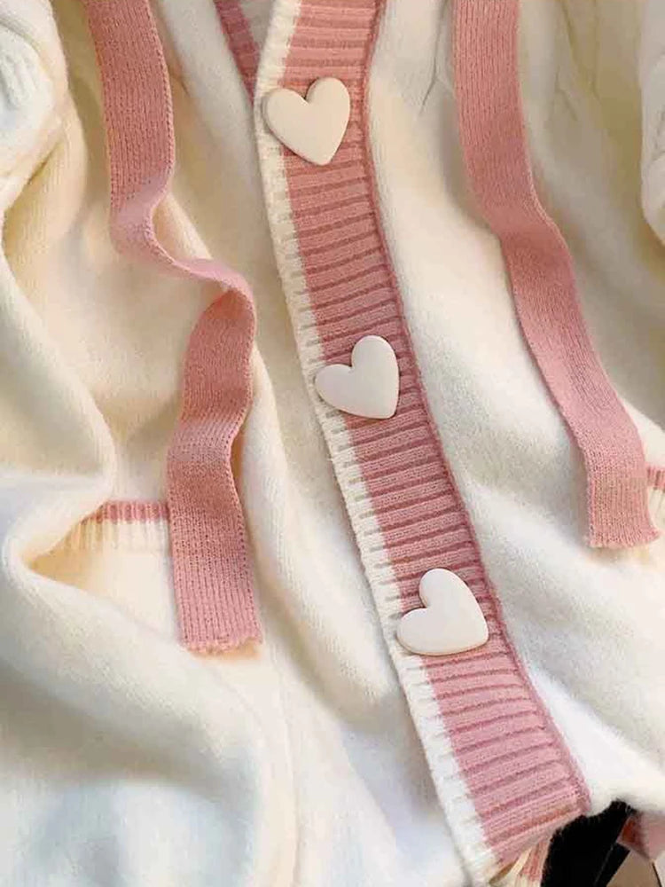 Kawaii Hooded Cardigan for Women – Japanese Cute Sweet Hoodie Sweater with Heart Buttons | One Size