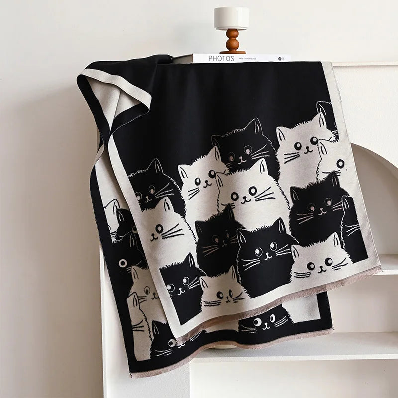 Cute Cat Ladies’ Scarf – Soft Polyester Autumn & Winter Wrap | 65×180cm Cozy Kawaii Cat Print Shawl