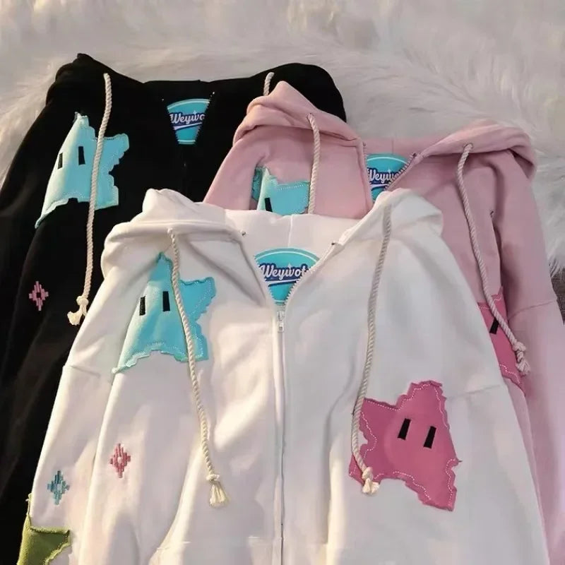 Kawaii Star Patch Oversized Zip-Up Hoodie – Pink Harajuku Y2K Streetwear