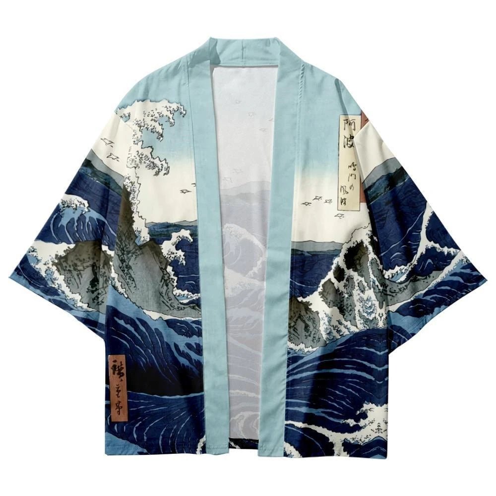 Front view of unisex Japanese wave kimono shirt, vintage haori cardigan style