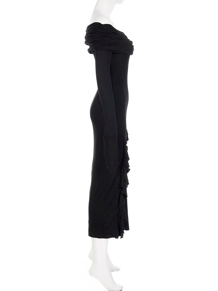 Midnight Siren Gothic Dress – Off-Shoulder Ruffle Slit Maxi
