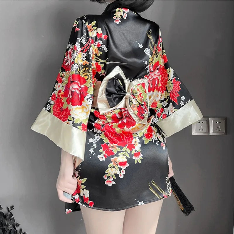 Japanese Kimono Women Bath Robe Sleepwear – Floral V-Neck Mini Dress Night Gown