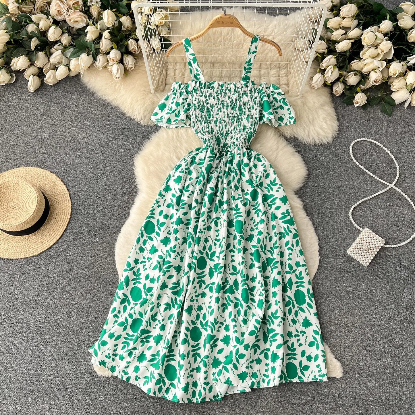 Floral Print Long Summer Dress for Women – Off-Shoulder Straps, Lightweight Maxi Dress, Beach, Garden Party, Summer Outfit