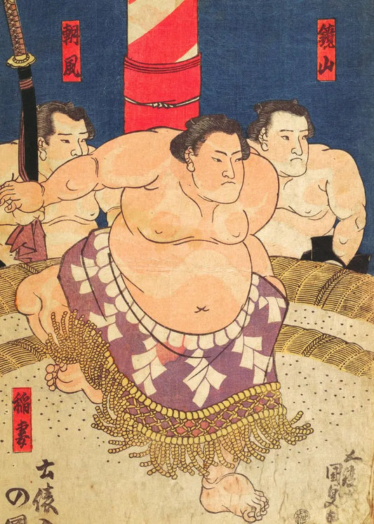 Vintage Japanese Ukiyo-e Sumo Canvas Wall Art – Watercolor Spray Painting Print