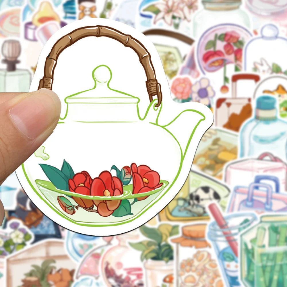 50pcs Kawaii Japanese Cartoon Glass Cup Stickers | Funny Transparent DIY Laptop, Phone & Suitcase Decals