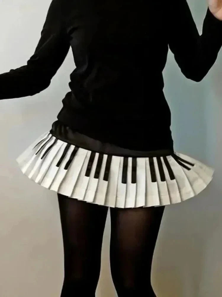 Black and white piano keys mini skirt Y2K Harajuku Japanese street style women