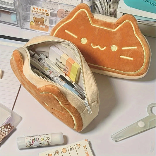 Caramel Cat Plush Pen Case – Large Capacity Pencil Pouch for Kids & Students