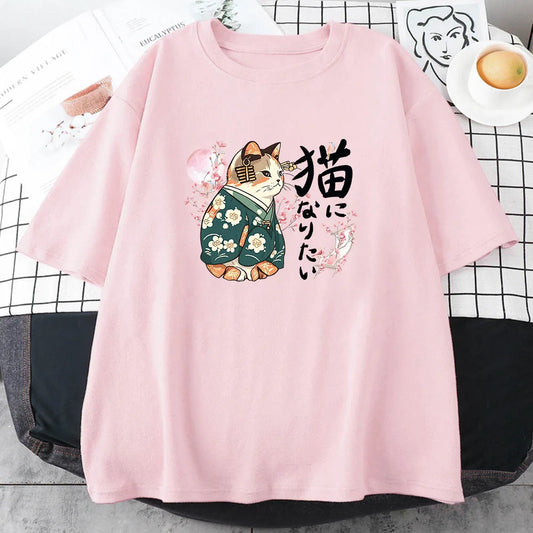 Ukiyo-e Kanji Cat T-Shirt in Sakura Pink – Japanese Style Girls Tee 100% Cotton