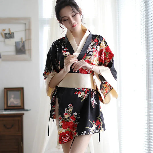 Japanese Kimono Women Bath Robe Sleepwear – Floral V-Neck Mini Dress Night Gown