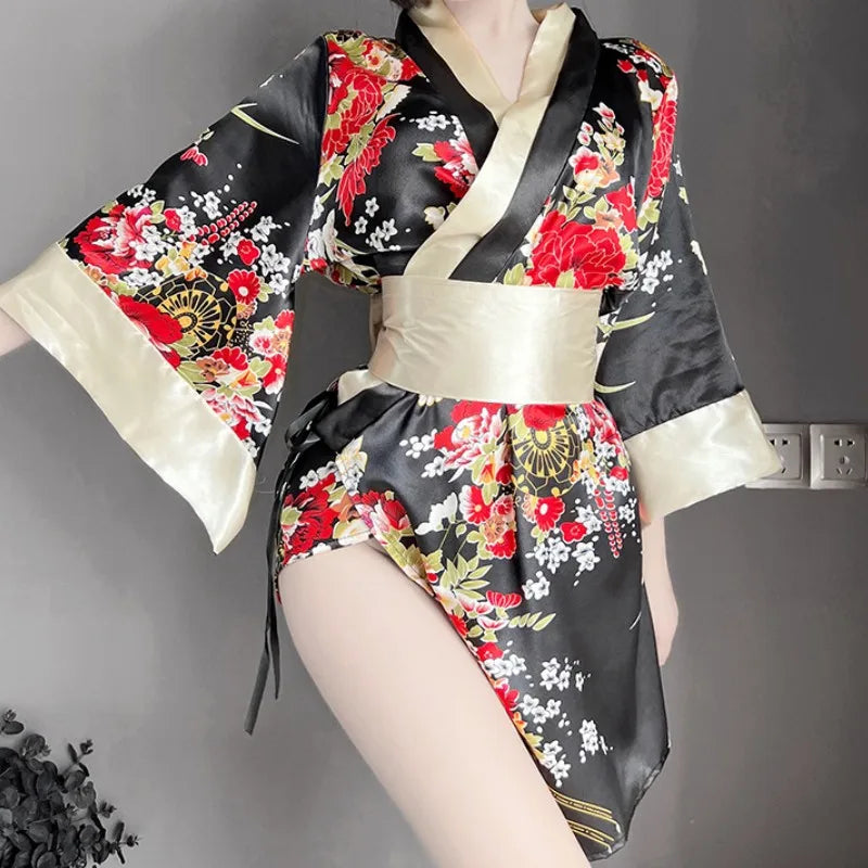 Japanese Kimono Women Bath Robe Sleepwear – Floral V-Neck Mini Dress Night Gown
