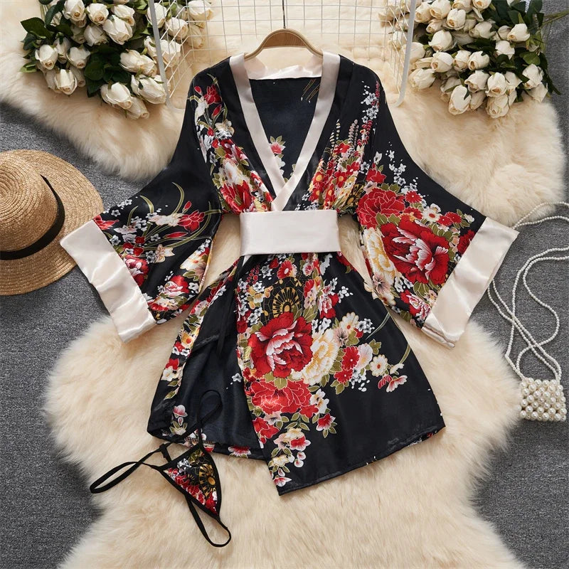 Japanese Kimono Women Bath Robe Sleepwear – Floral V-Neck Mini Dress Night Gown