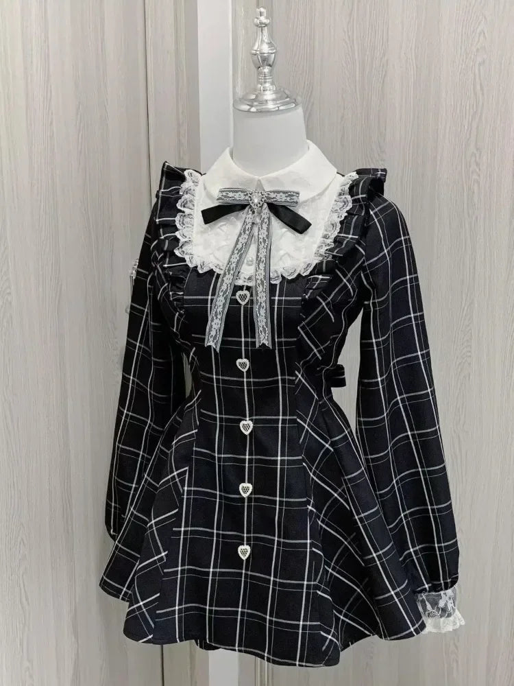 Black Plaid Sweet Bow Dress Kawaii Harajuku Style