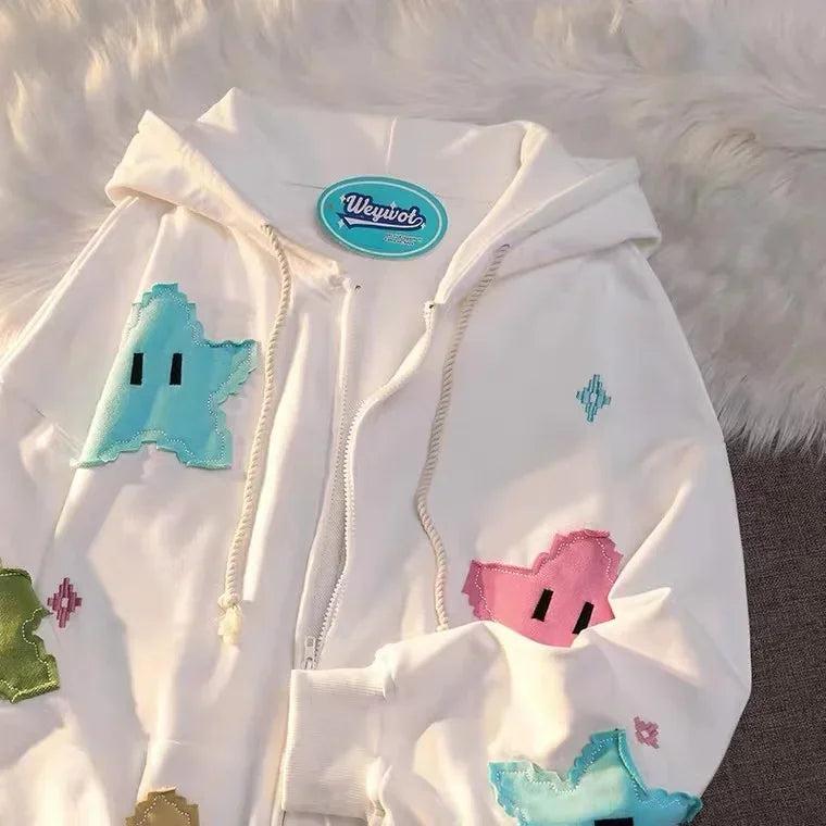 Kawaii Star Patch Oversized Zip-Up Hoodie – Pink Harajuku Y2K Streetwear